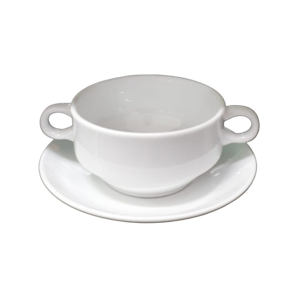White porcelain soup cup and saucer