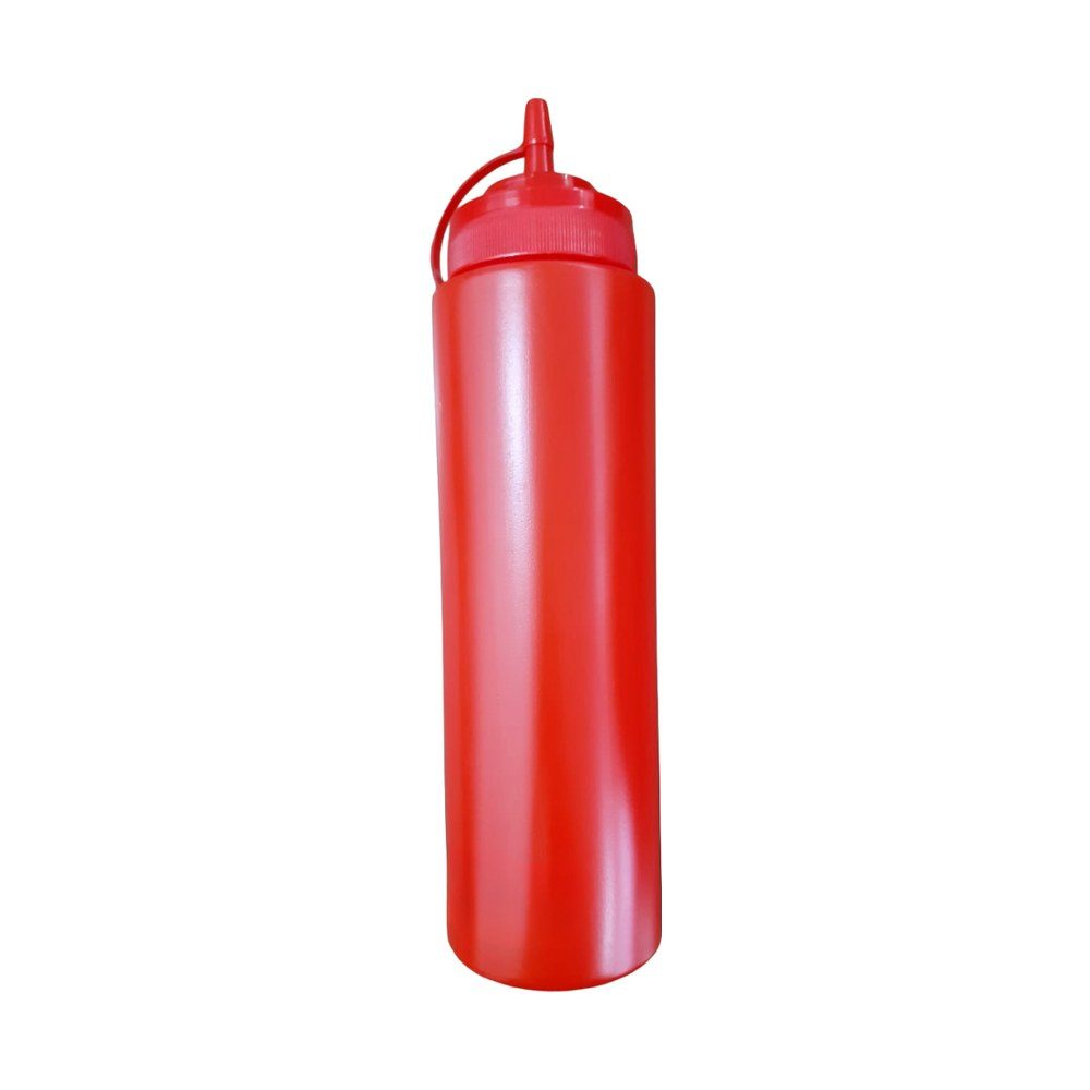 Red plastic squeeze sauce bottle