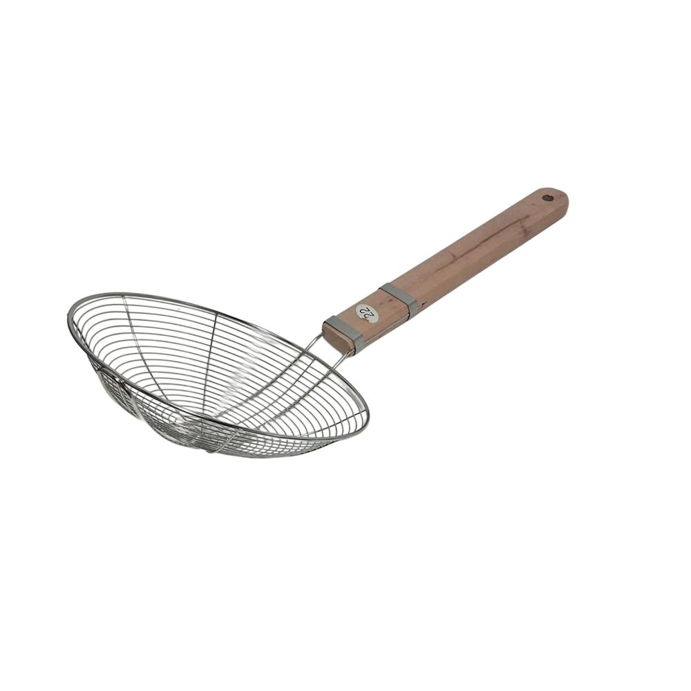 Wire spider strainer with wooden handle