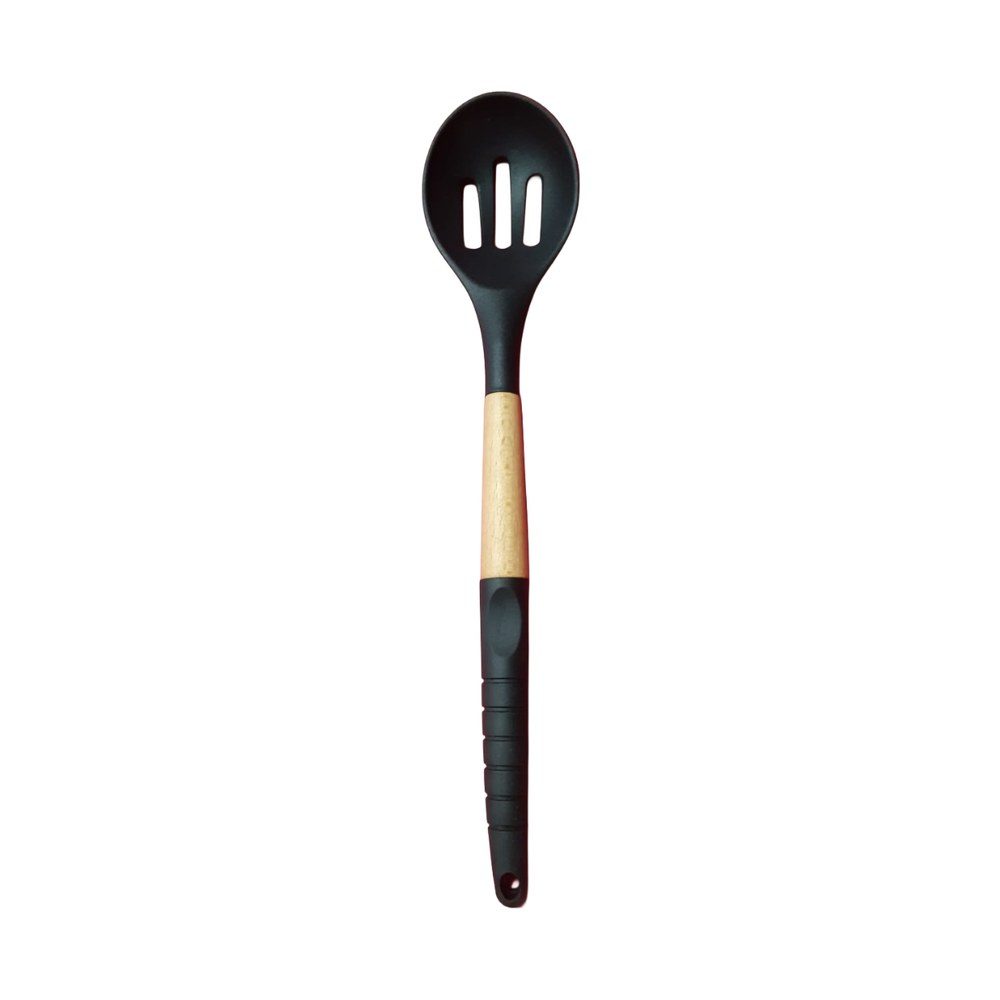 Silicone Slotted Salad Spoon, Wooden Handle