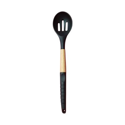 Silicone Slotted Salad Spoon, Wooden Handle