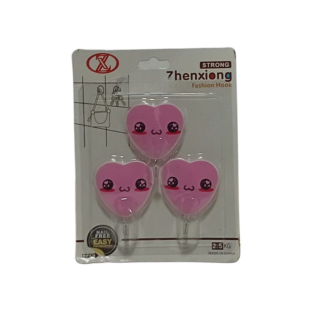 Pink Heart Self-Adhesive Wall Hooks (3 Pack)