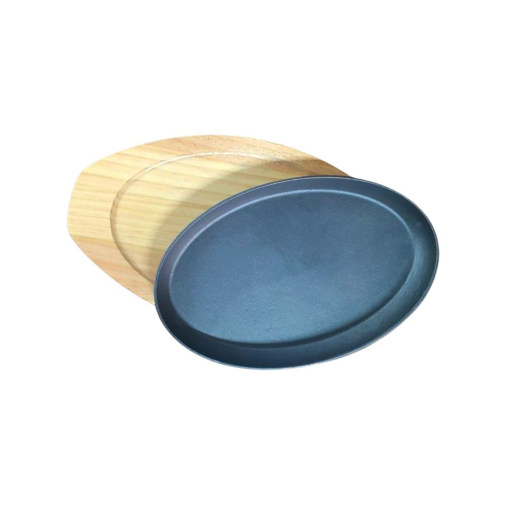 Oval sizzling plate with wooden base