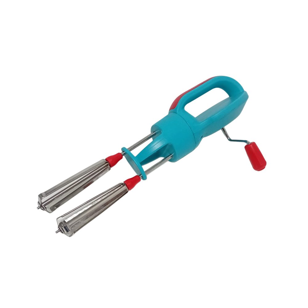 Hand-crank egg beater with twin whisks