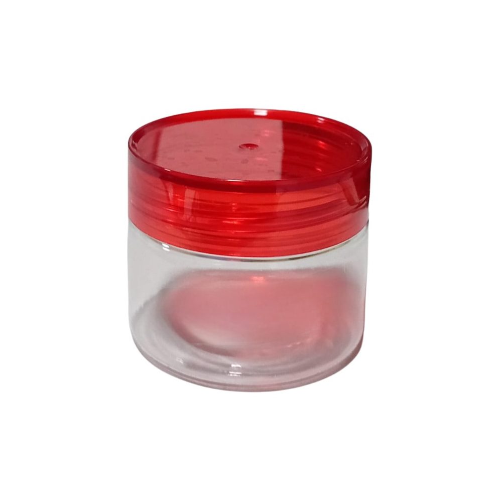 Small clear PET jar with red lid