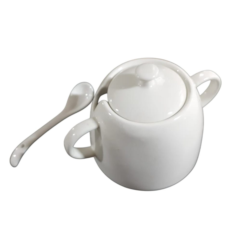 White Ceramic Sugar Pot with Spoon