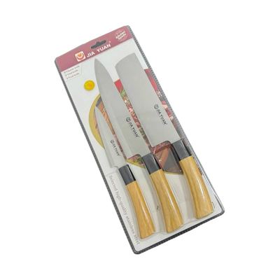 Three-piece kitchen knife set with wooden handles
