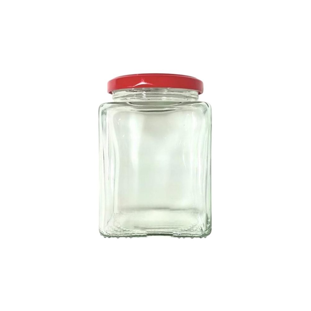 450ml Square Glass Jar, Red Lid