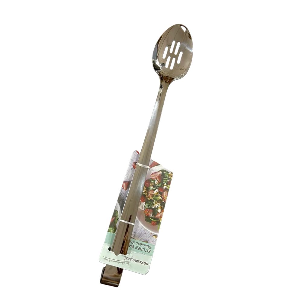 Long stainless steel slotted serving spoon