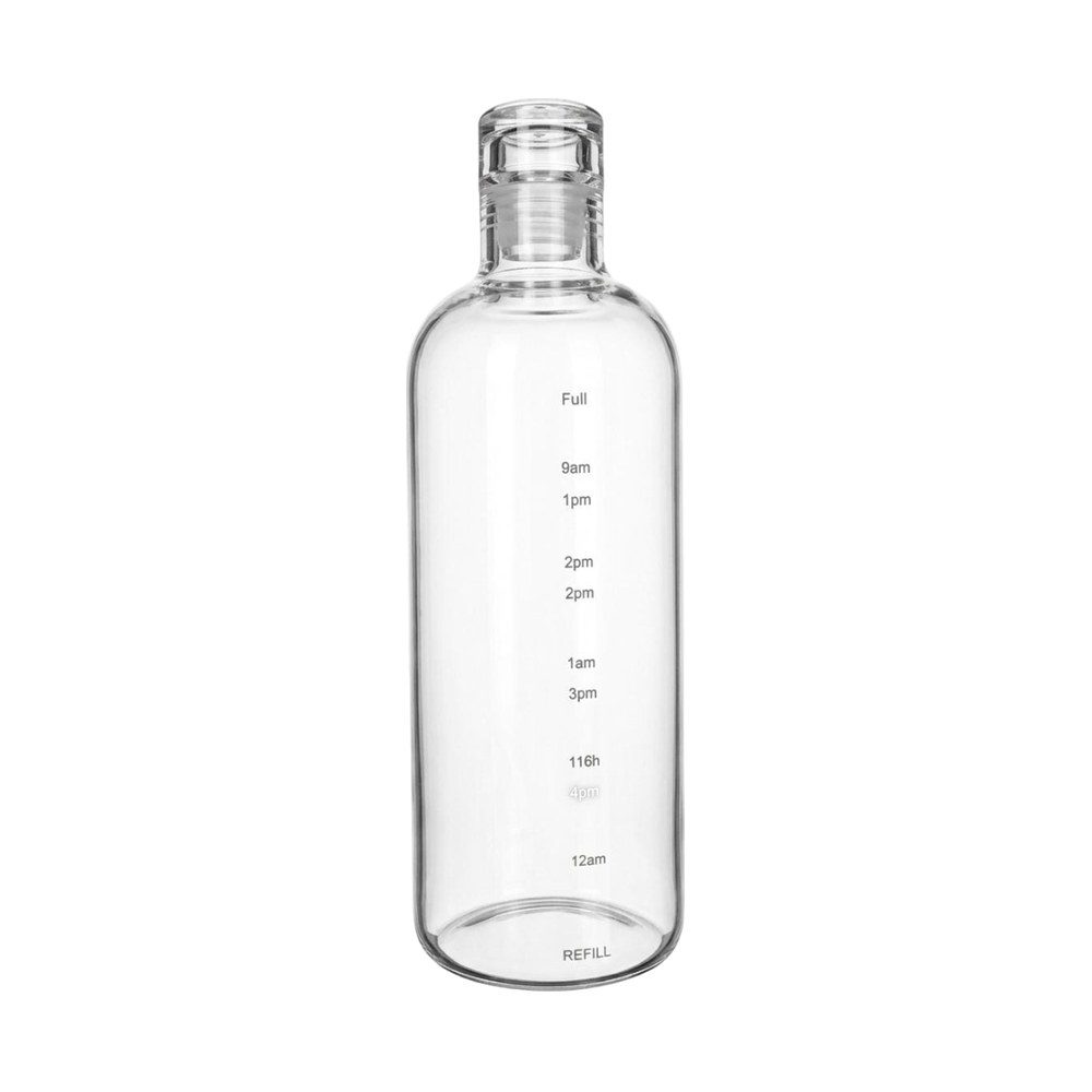 Glass water bottle with time markings